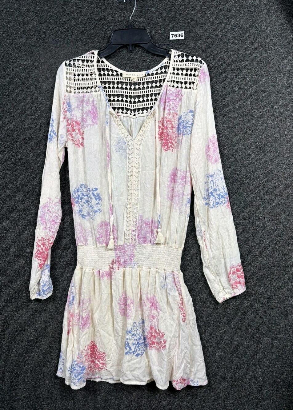 Lovestitch Dress Womens Medium White Floral Crochet Long Sleeve Boho Fit Flare